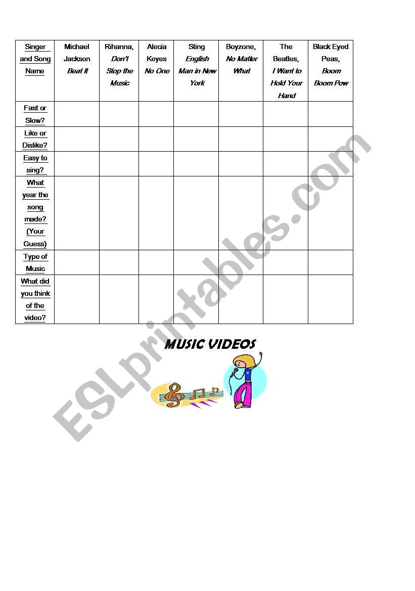 Singer and Song Name worksheet