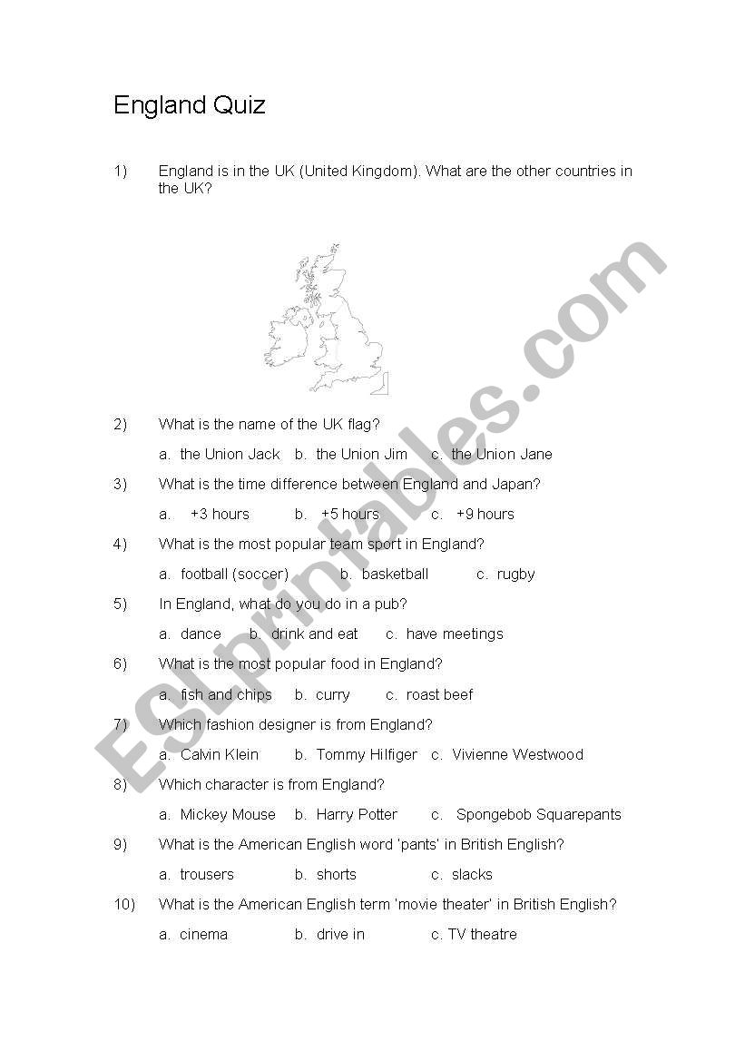 England Quiz (short version) worksheet