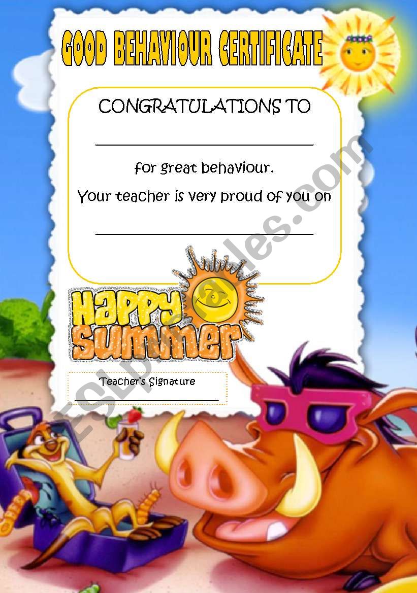 Summer Good Behaviour Certificate