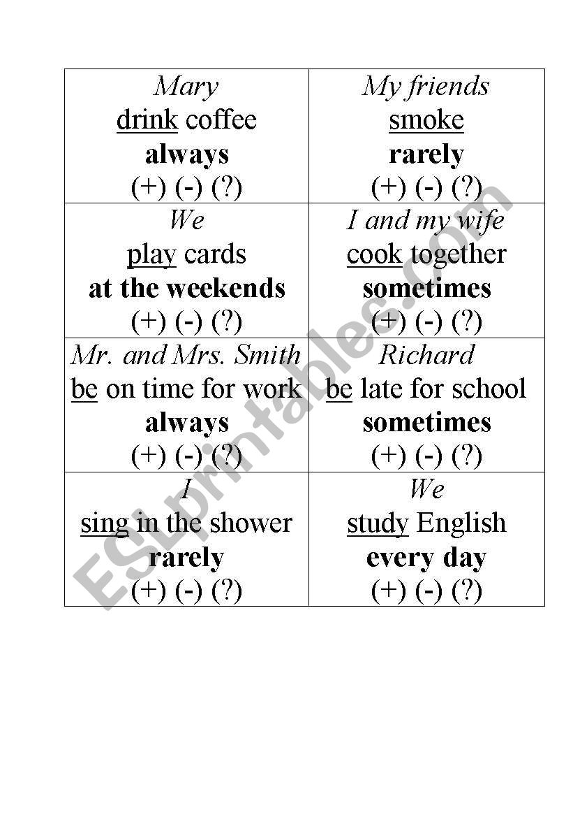 present simple cards worksheet