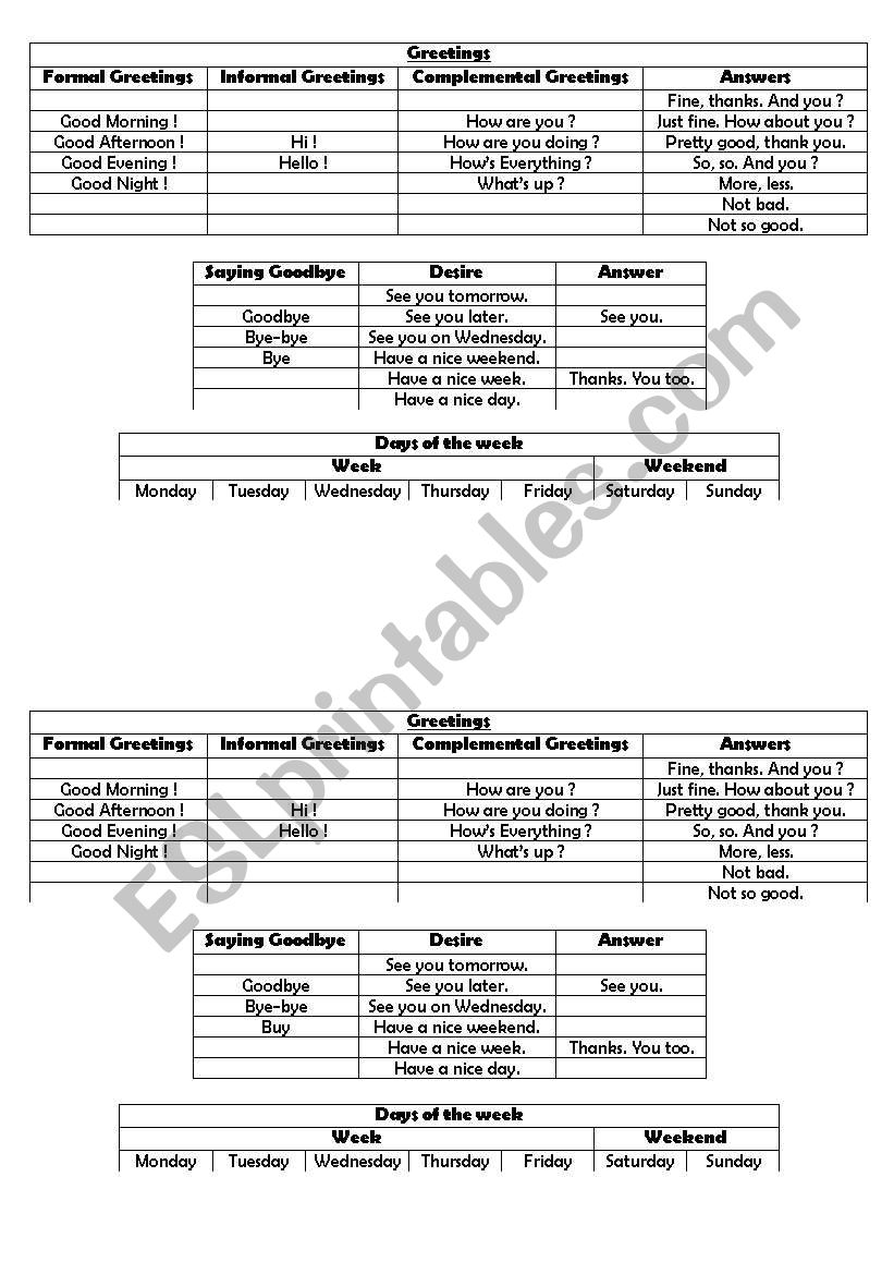 Greetings worksheet