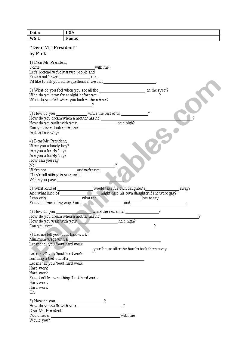 Song_Pink_Dear Mr President worksheet