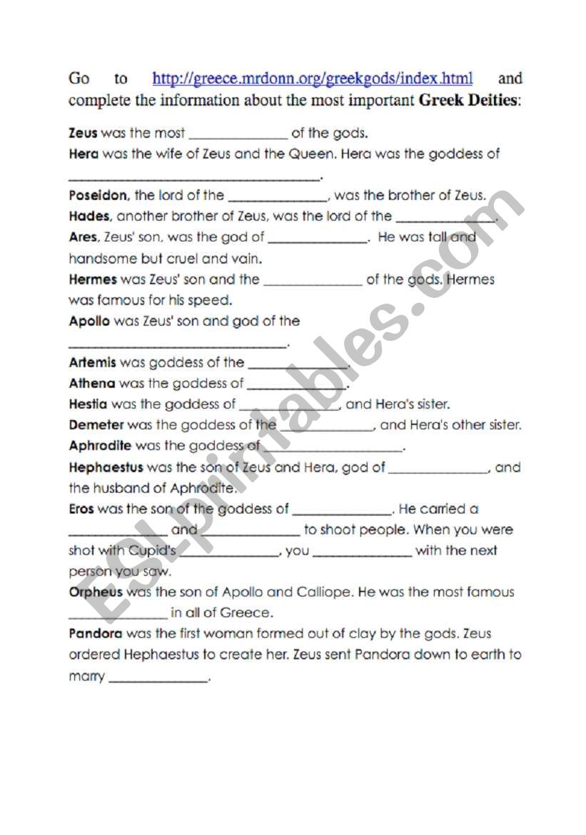 Greek Gods worksheet