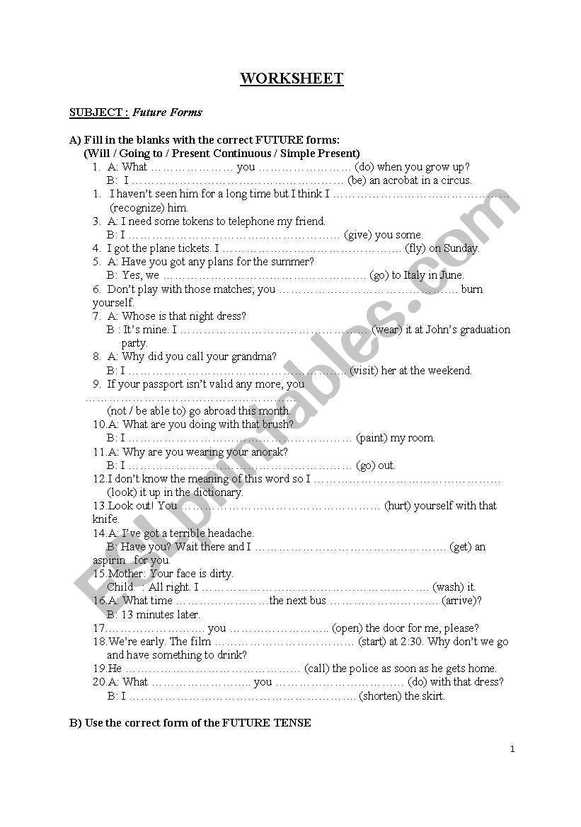 FUTURE TENSES worksheet
