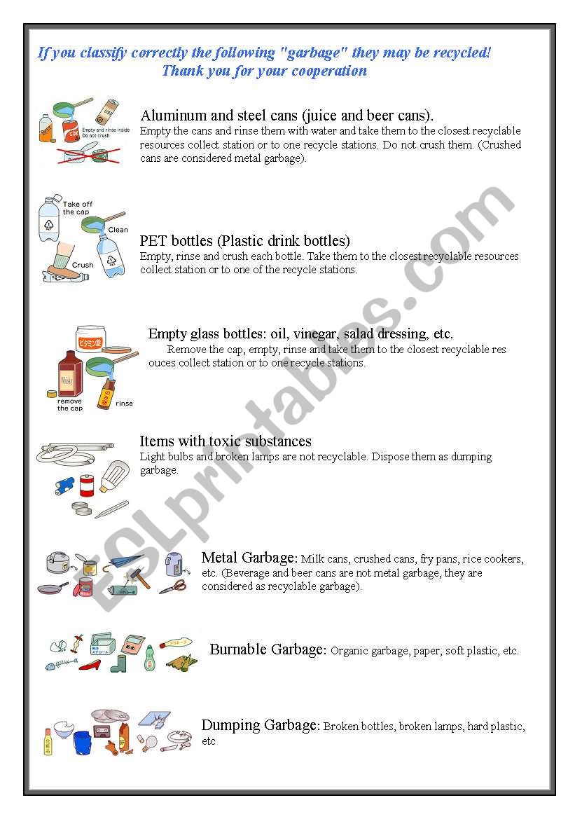 TIPS ON HOW TO RECYCLE worksheet