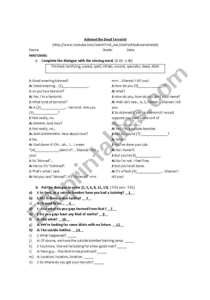 Achmed the Dead Terrorist worksheet