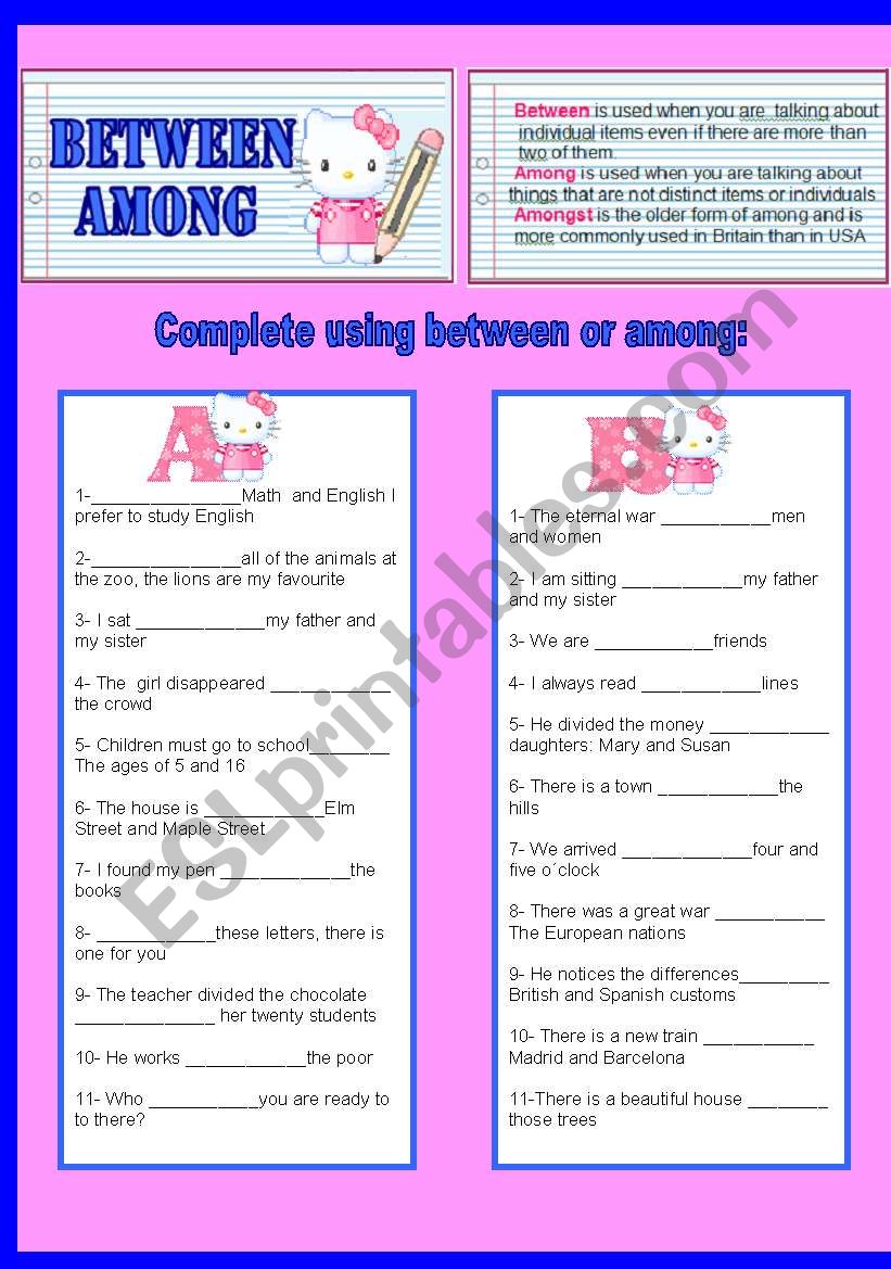 Between and among worksheet