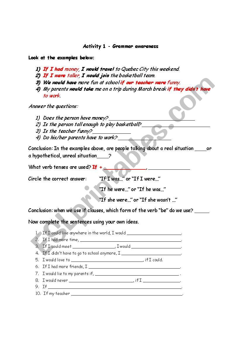 2nd conditional - grammar awareness worksheet