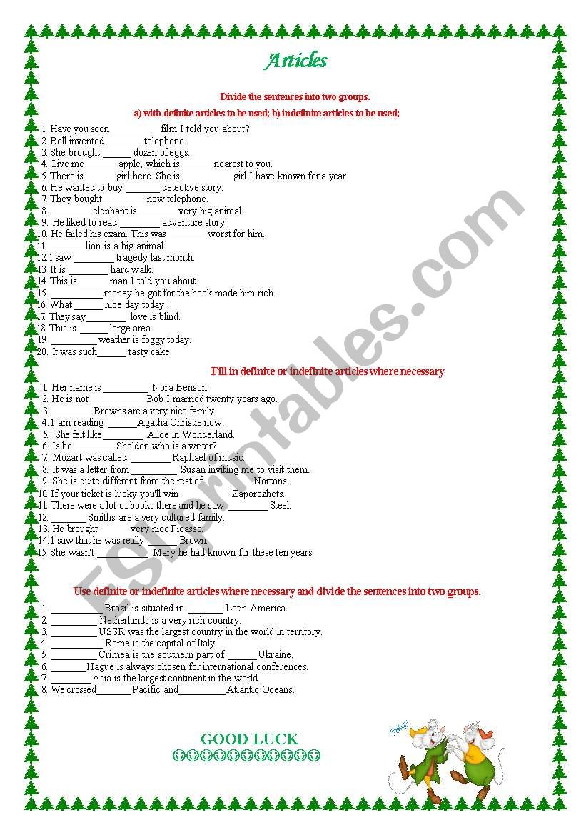 Articles worksheet