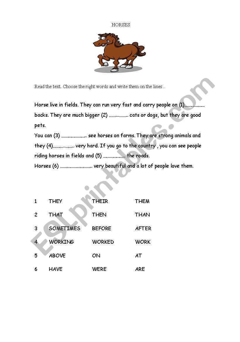 HORSES worksheet