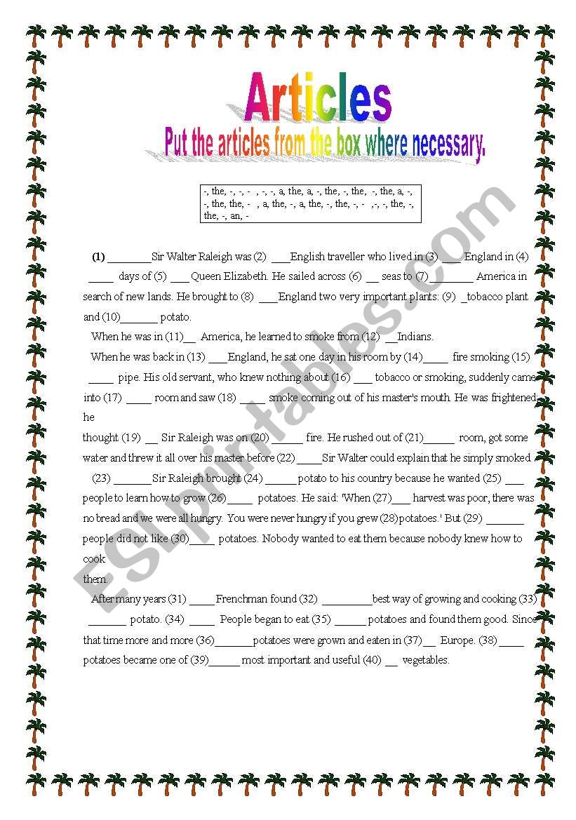 Articles worksheet