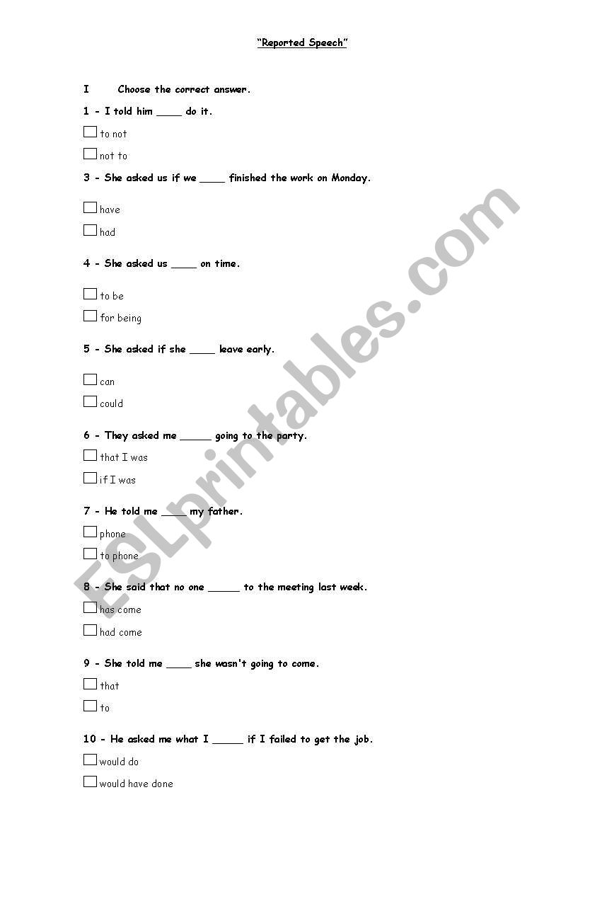 REPORTED SPEECH worksheet