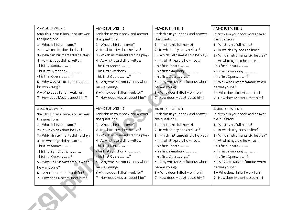 Mozart Questions for Amadeus week 1