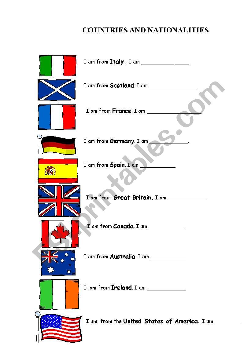 COUNTRIES AND NATIONALITIES worksheet