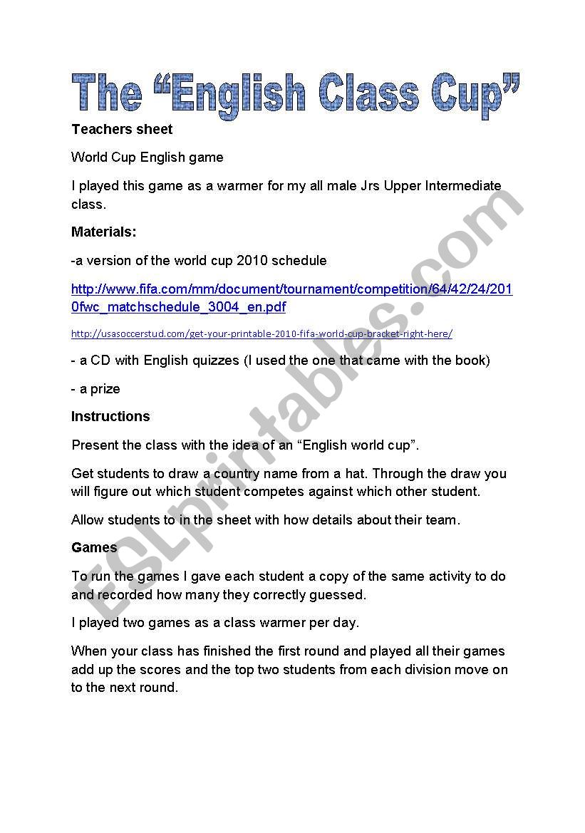 a mock world cup challenge worksheet