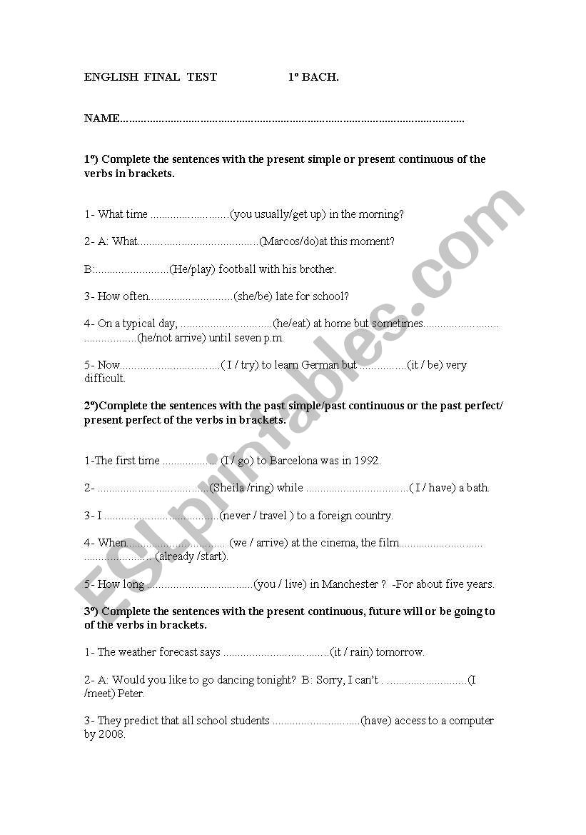 ENGLISH FINAL TEST 1Âº BACHILLERATO