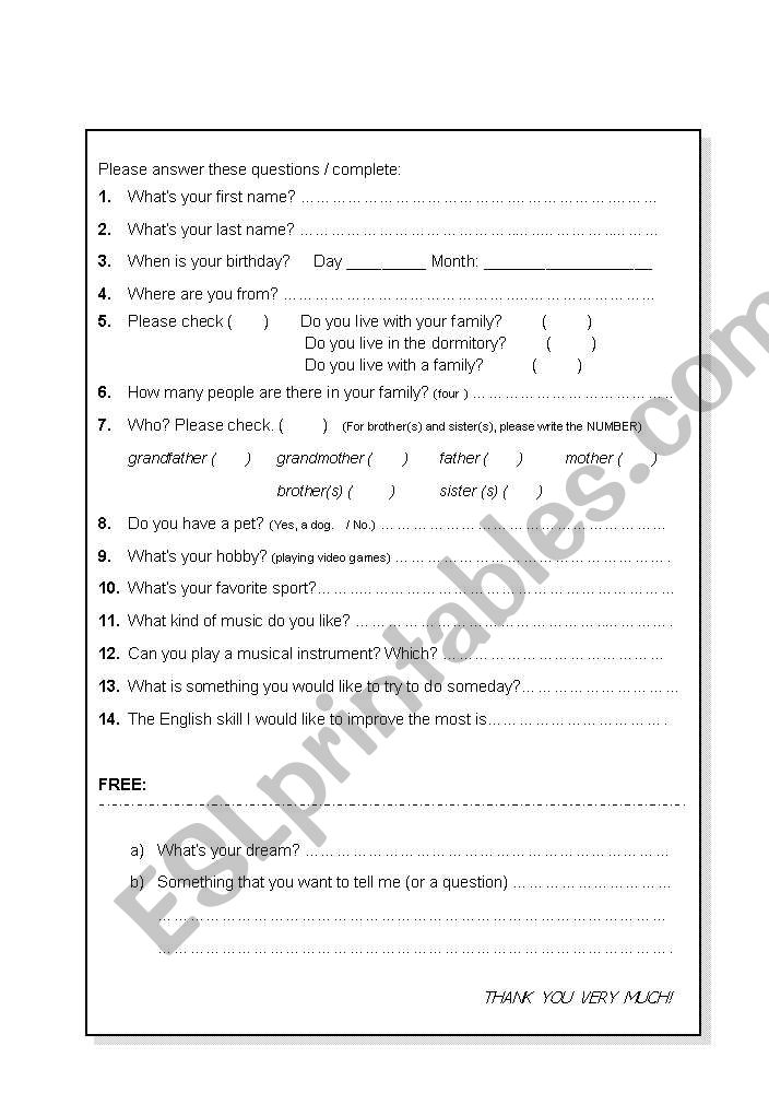 Getting To Know You worksheet