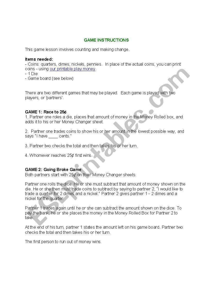 money changers worksheet