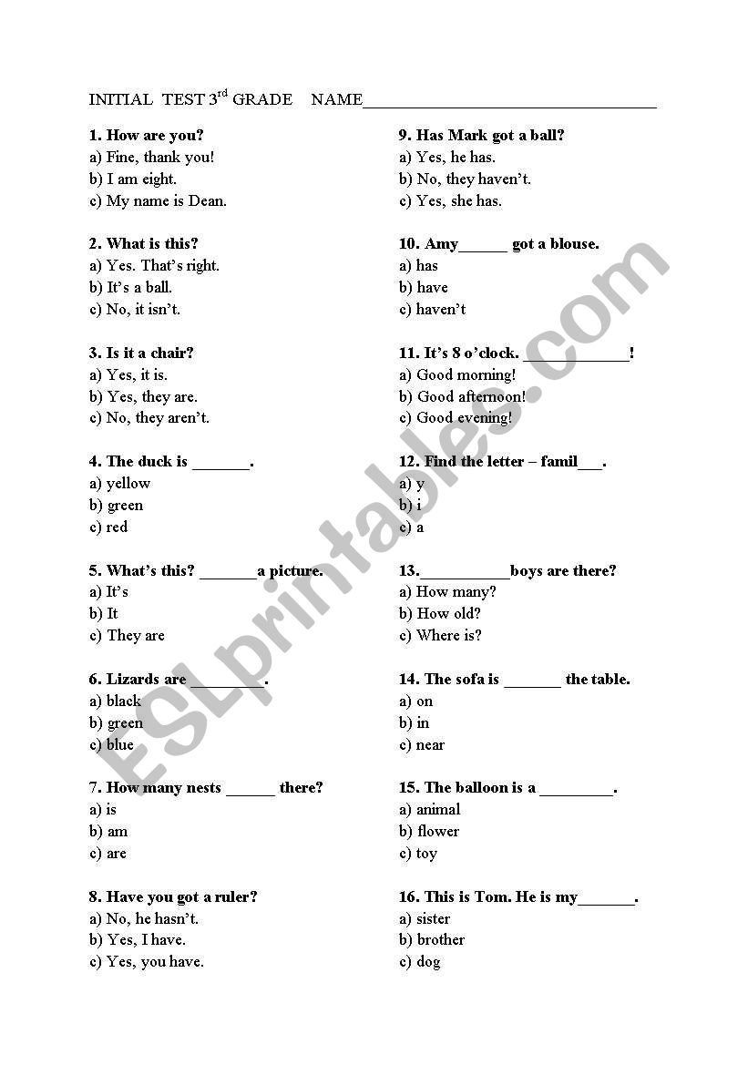 test 3rd grade worksheet