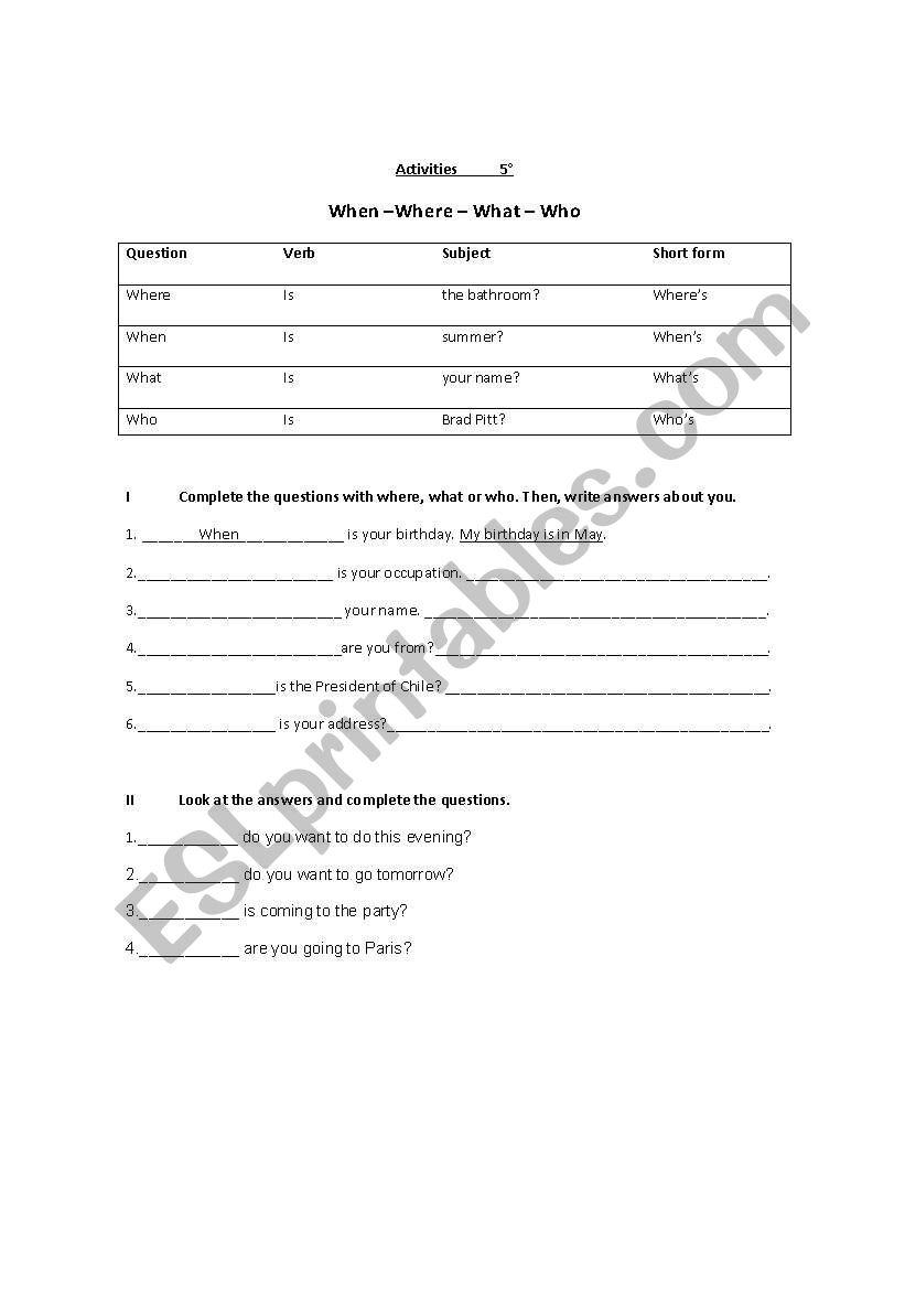 Wh- Questions worksheet