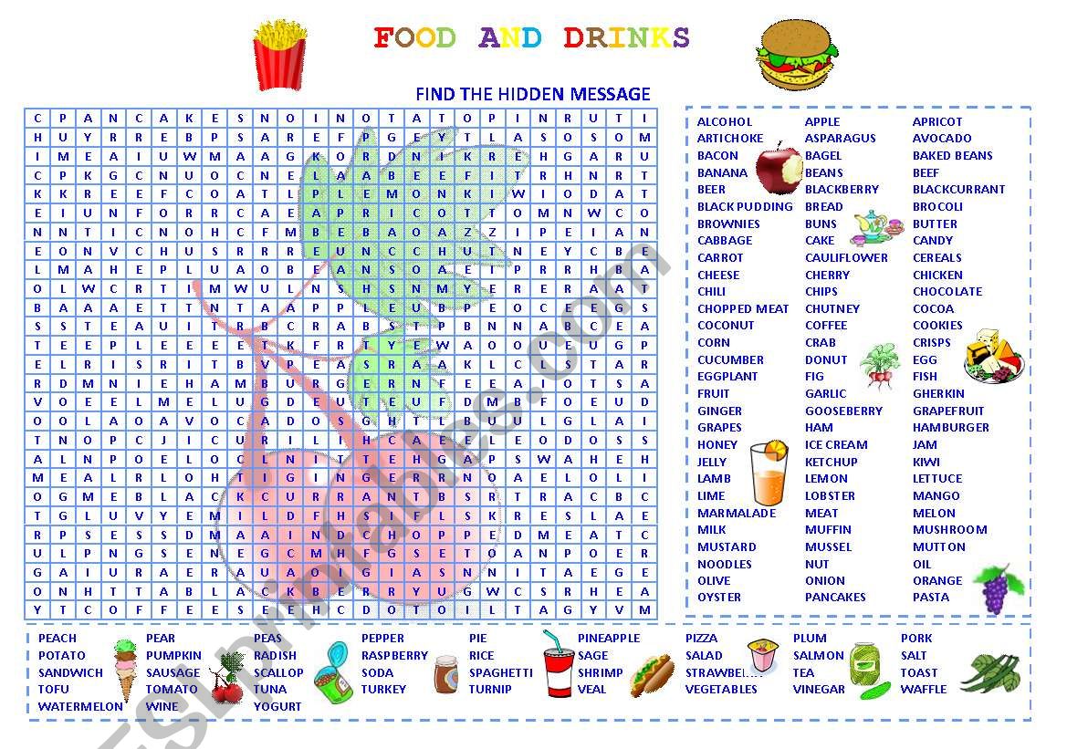 WORDSEARCH FOOD AND DRINKS worksheet
