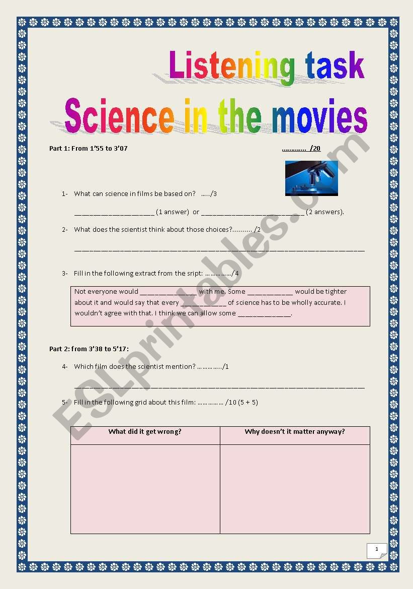 SCIENCE IN THE MOVIES- Listening test (MP3 & script link + KEY incuded, 3 pages & 5 tasks.)