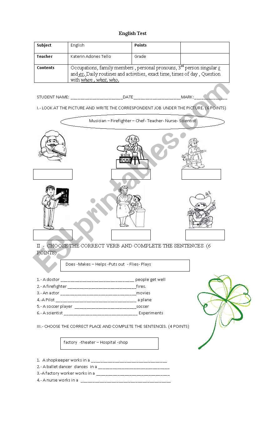 English Test worksheet