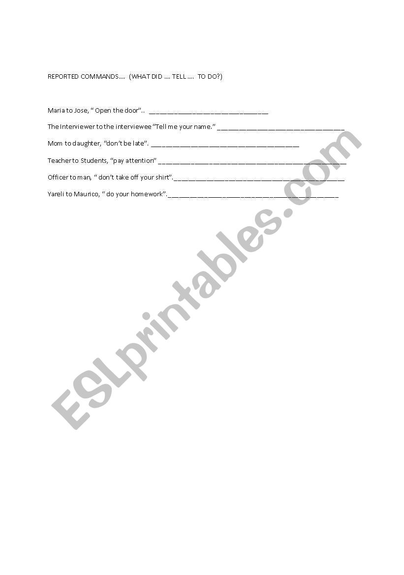 REPORTED COMMANDS PRACTICE worksheet