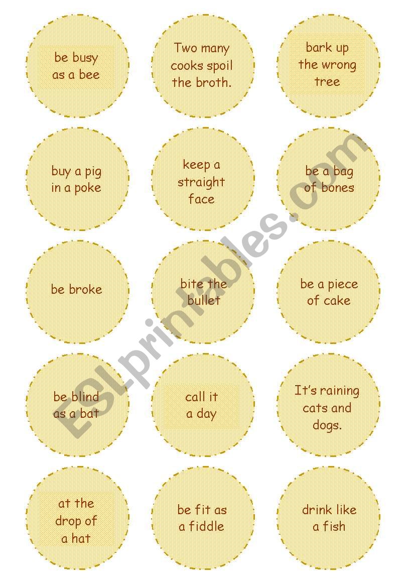 IDIOMS IN EVERYDAY USE  FUN SPEAKING ACTIVITY  MIX & MATCH CARD GAME  9 PAGES  GOOD FOR ADULTS, TOO!!  FULLY EDITABLE  B&W VERSION INCLUDED!!