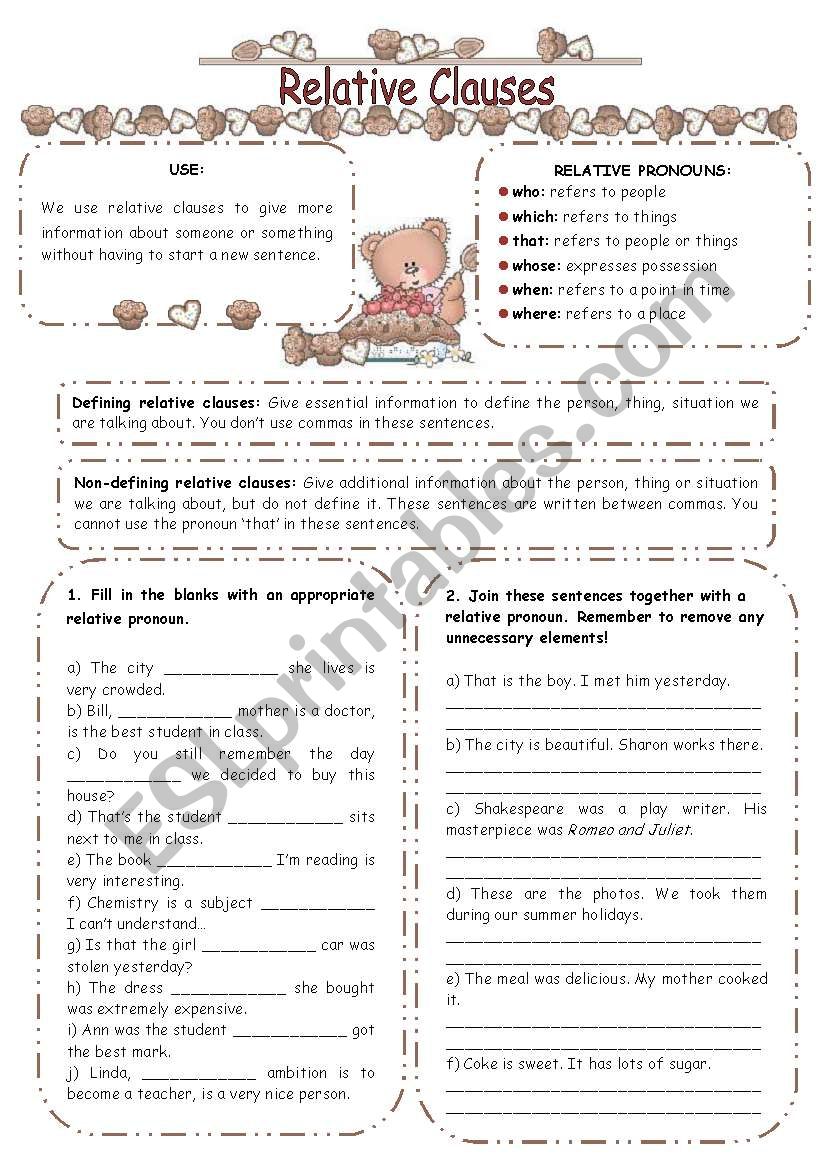 RELATIVE CLAUSES EXERCISES worksheet