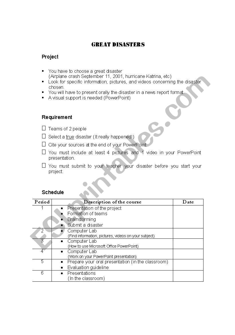 Great Disaster worksheet