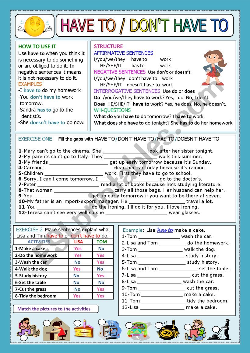 HAVE TO DON T HAVE TO ESL Worksheet By Traute