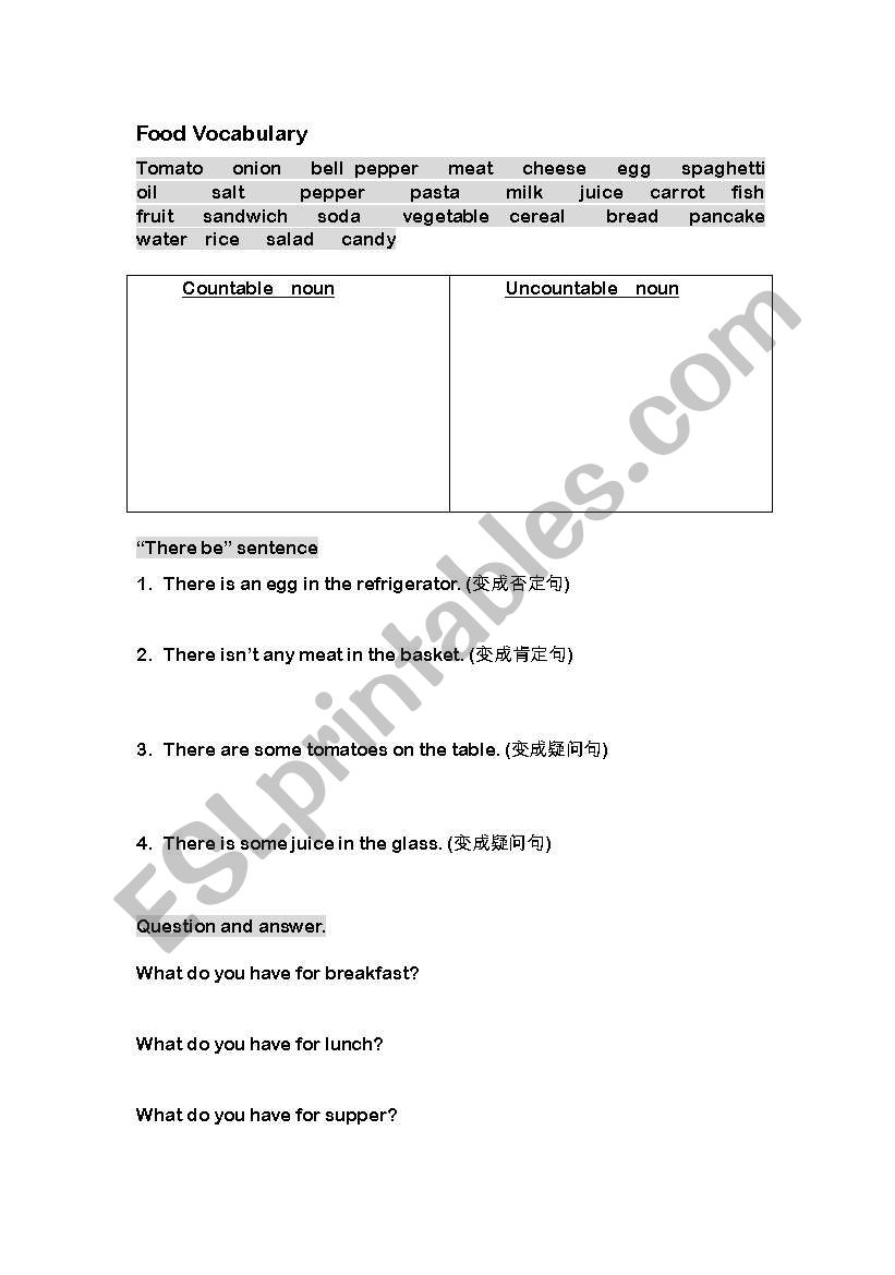 food vocabulary worksheet