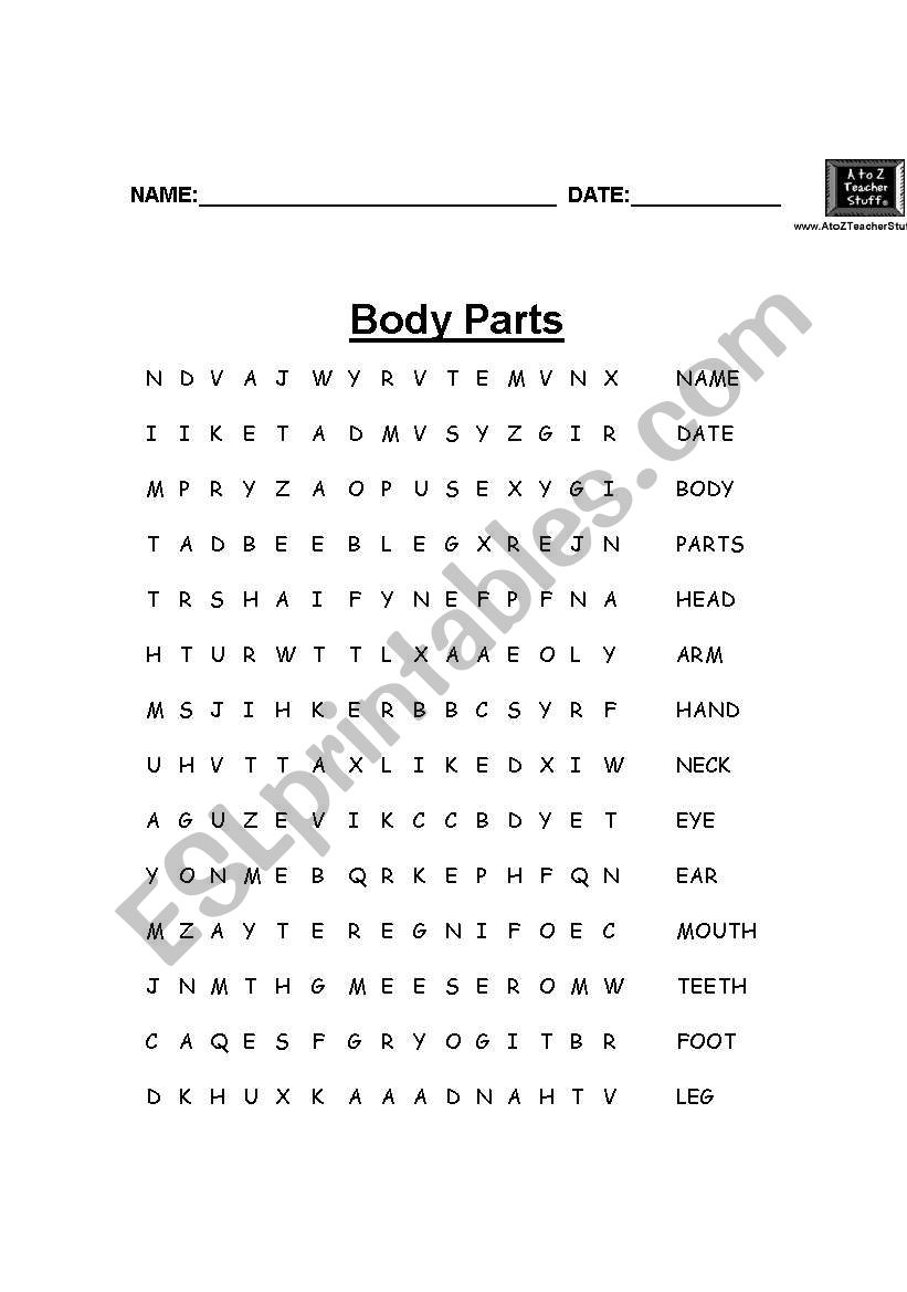Body Parts Wordsearch  worksheet