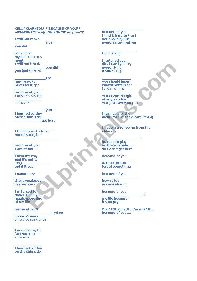 English Worksheets Because Of You By Kelly Clarkson Song Lyric