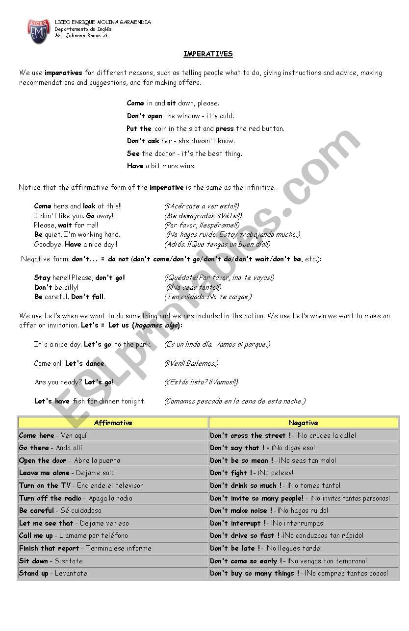 IMPERATIVE FORM worksheet