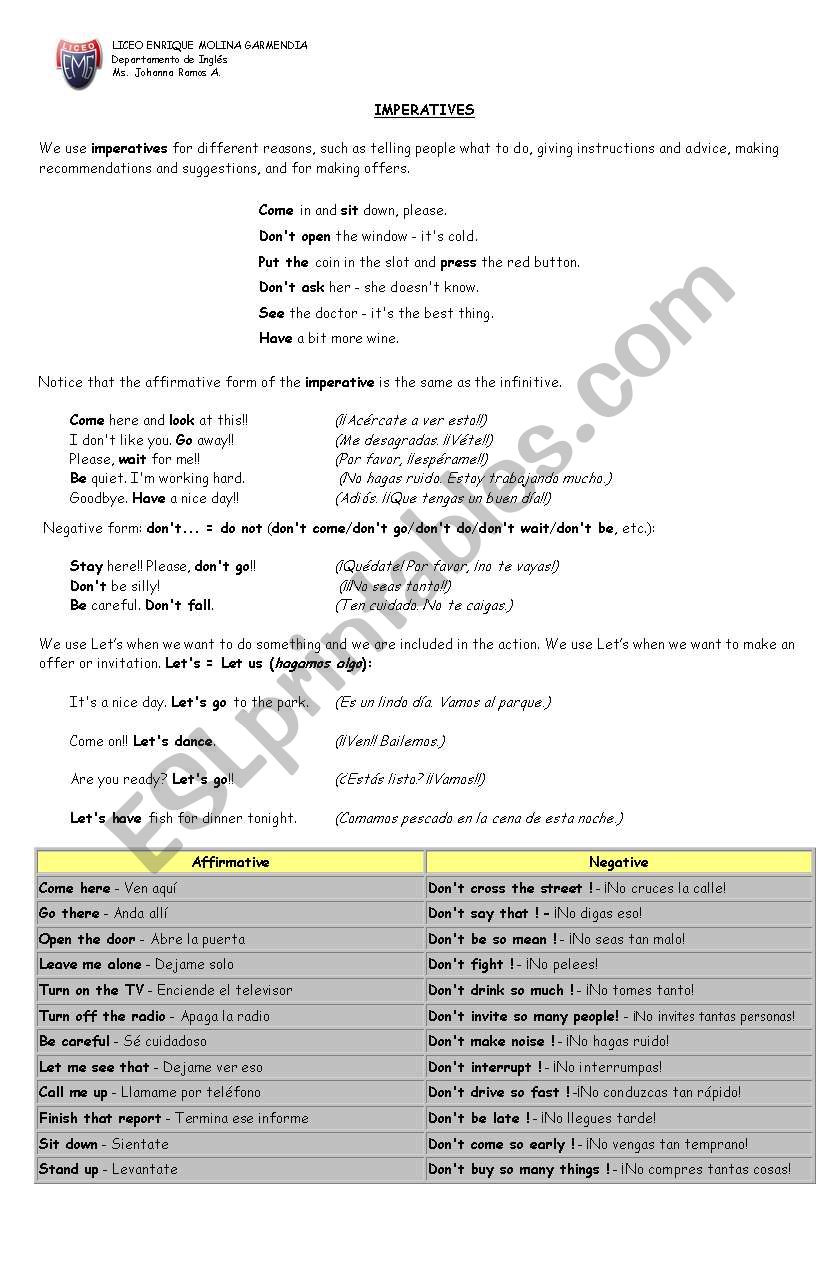 IMPERATIVE FORM worksheet