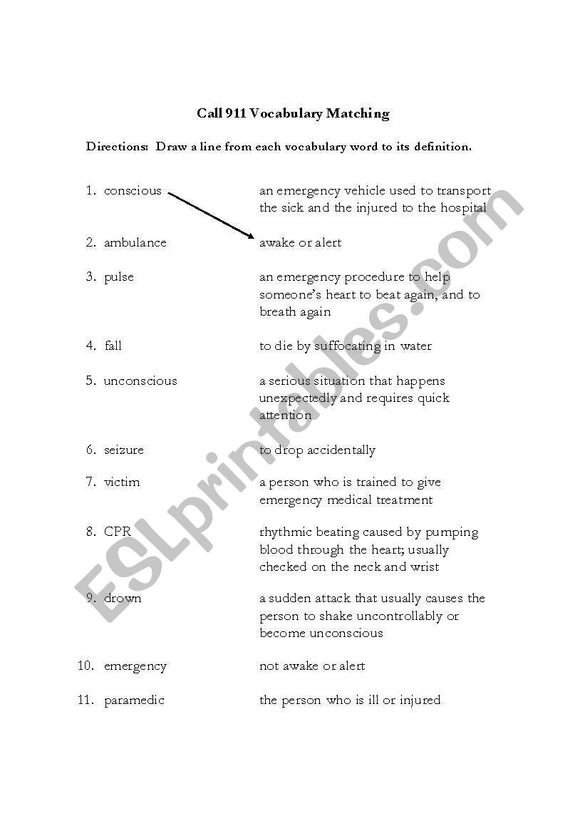 vocabulary for 911 worksheet