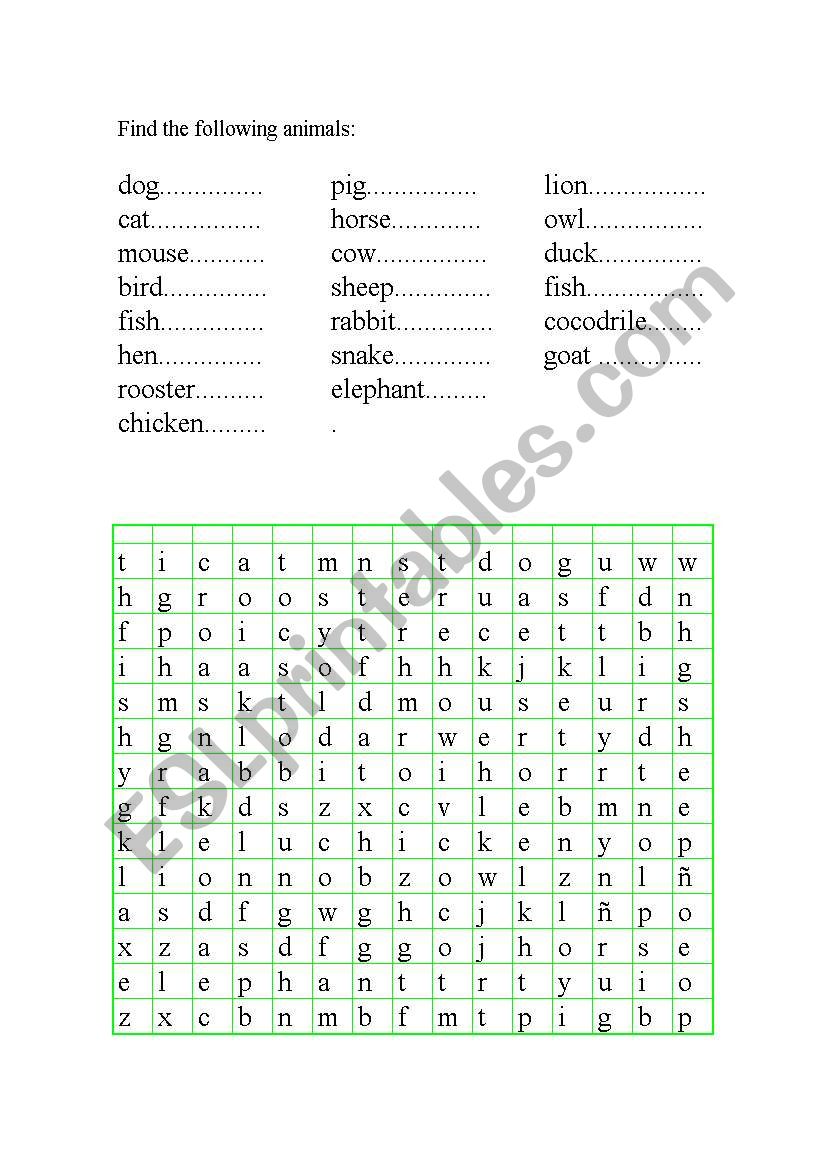 find the following animals worksheet