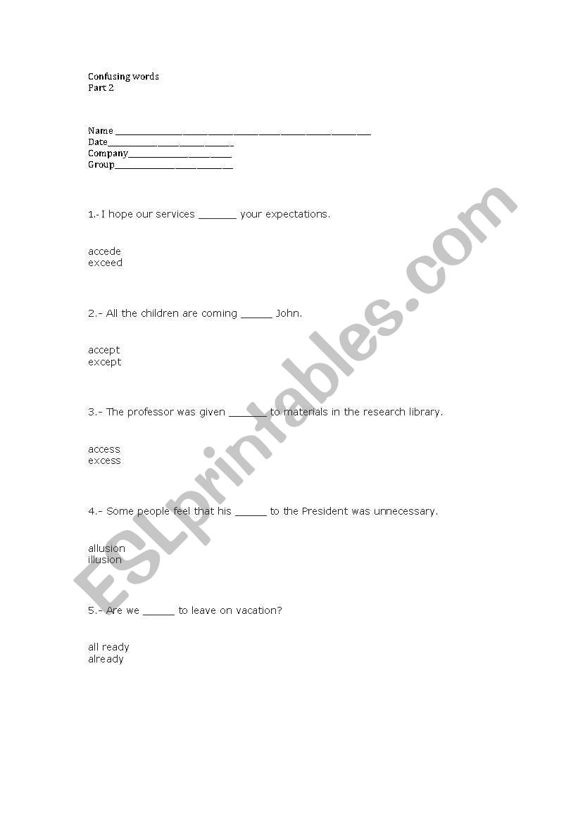 Confusing words worksheet