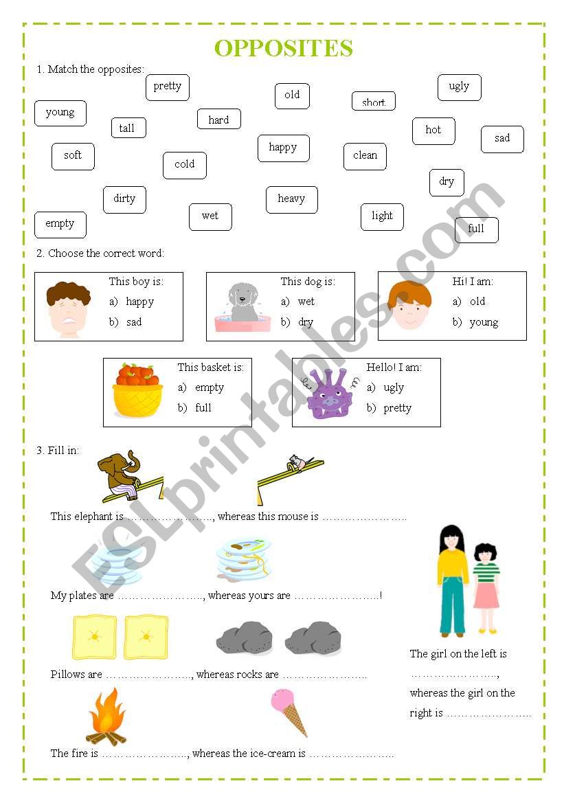 Opposites (adjectives) for kids - 7 tasks on 2 pages