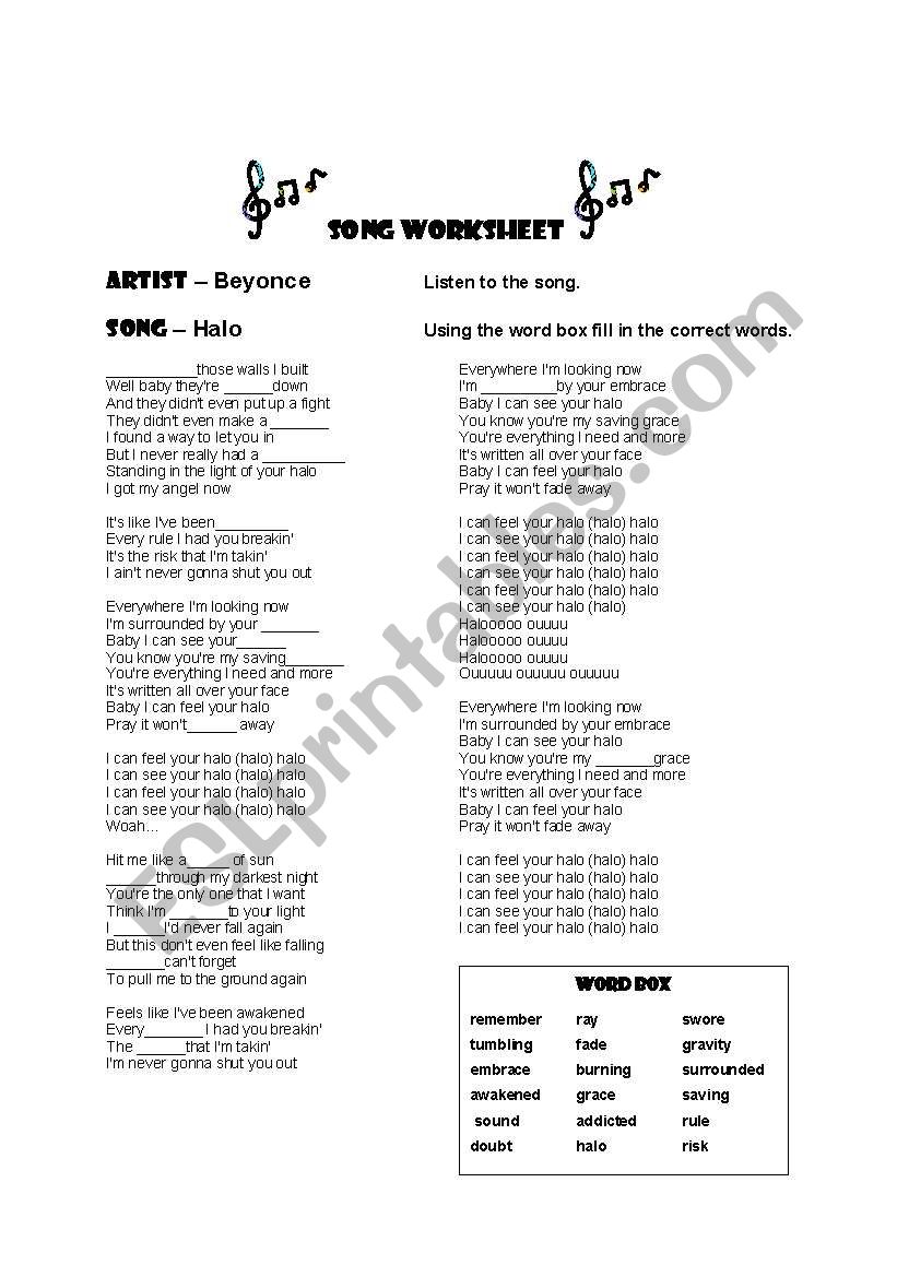 Song Worksheet worksheet