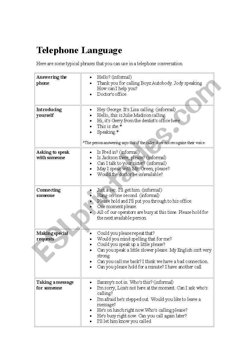 Telephone Language worksheet