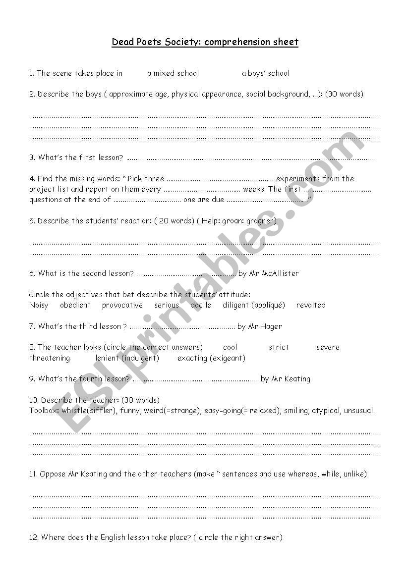 Dead poets society  worksheet