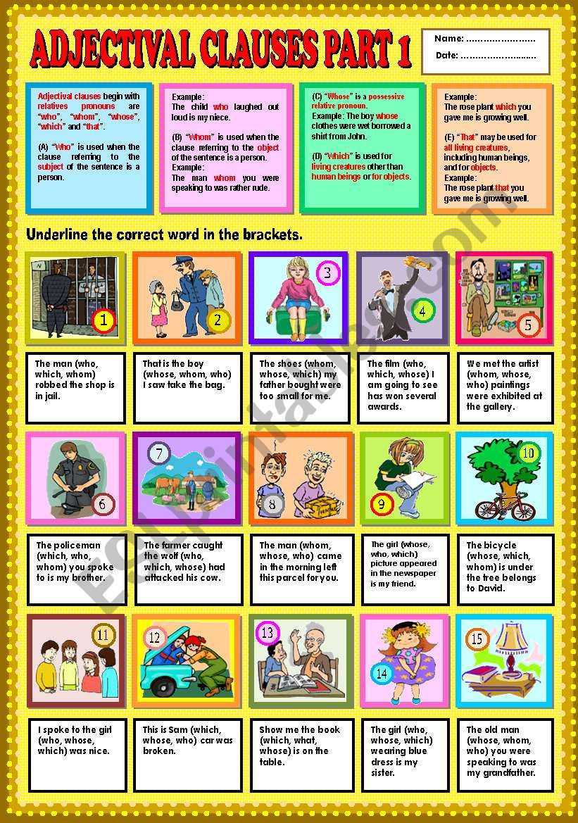 Adjectival Clause part 1 (who, whom, whose & which) + KEY