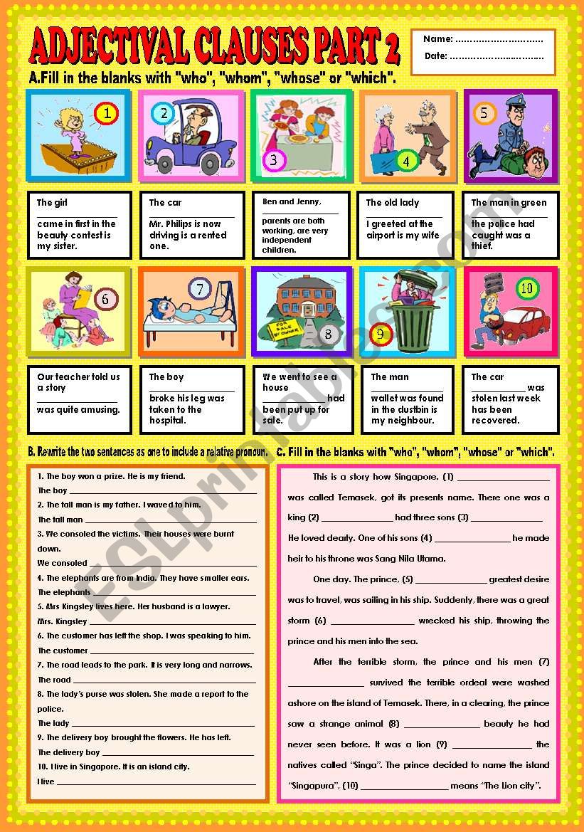 Adjective Clause Worksheet Esl