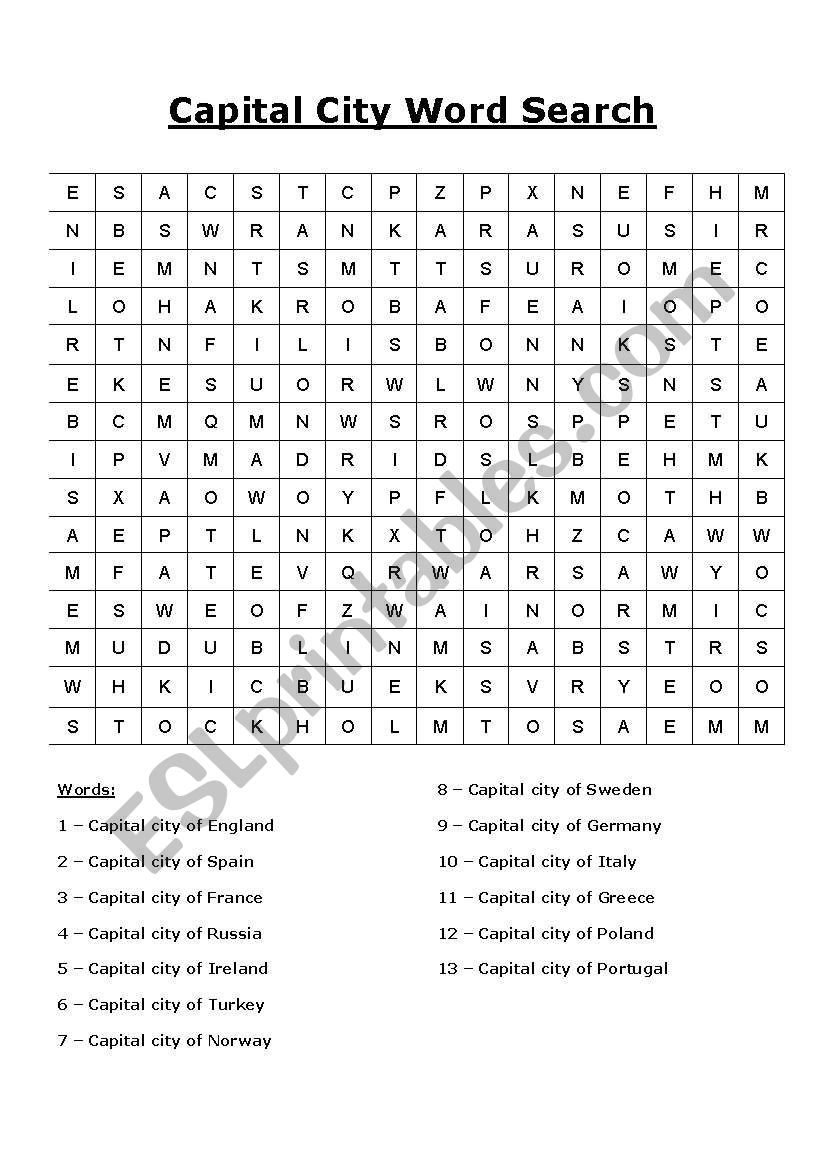 Capital Cities wordsearch worksheet