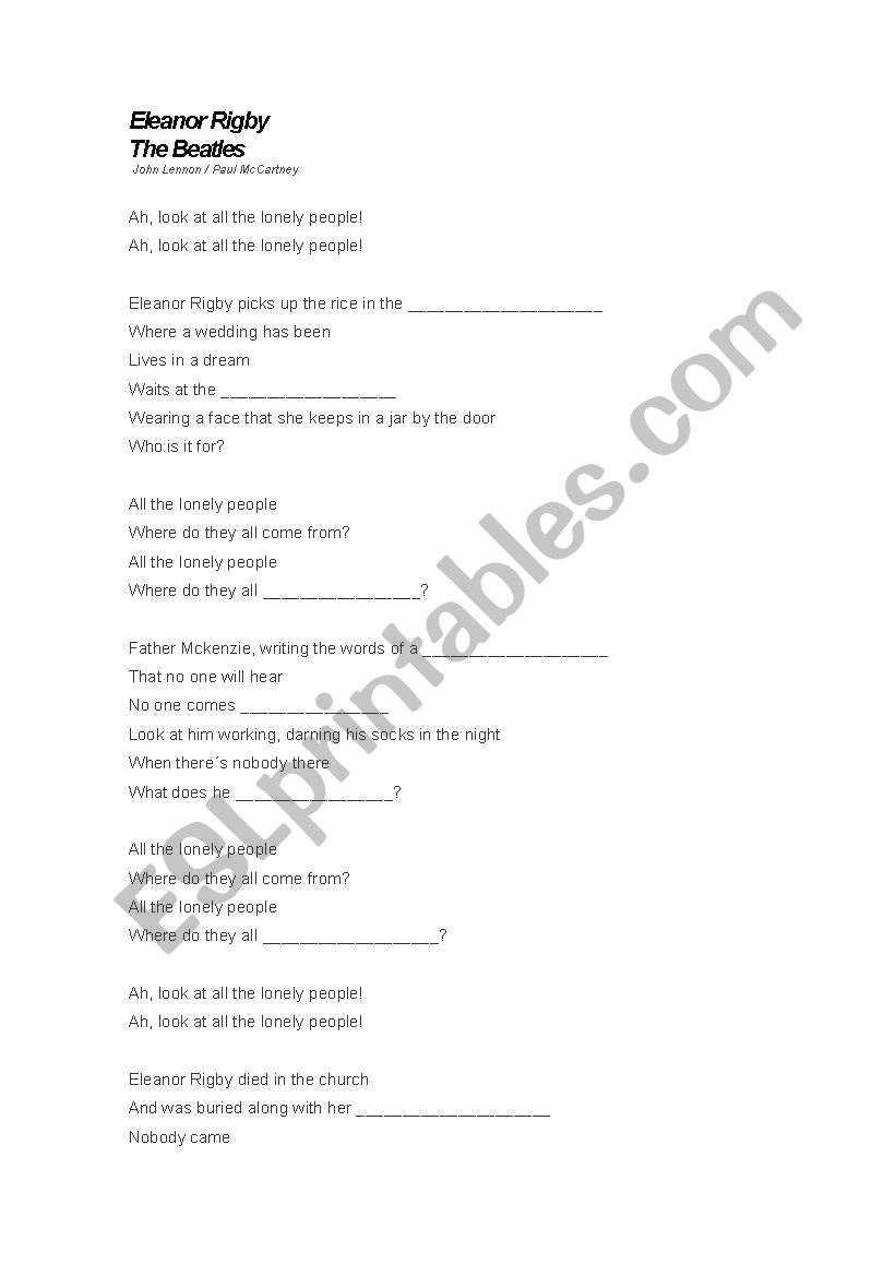 Song - Eleanor Rigby worksheet