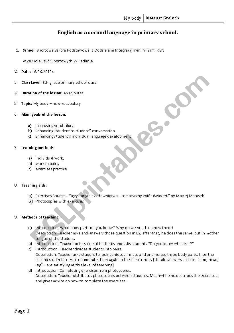 lesson plan my body esl worksheet by mateuszgreloch