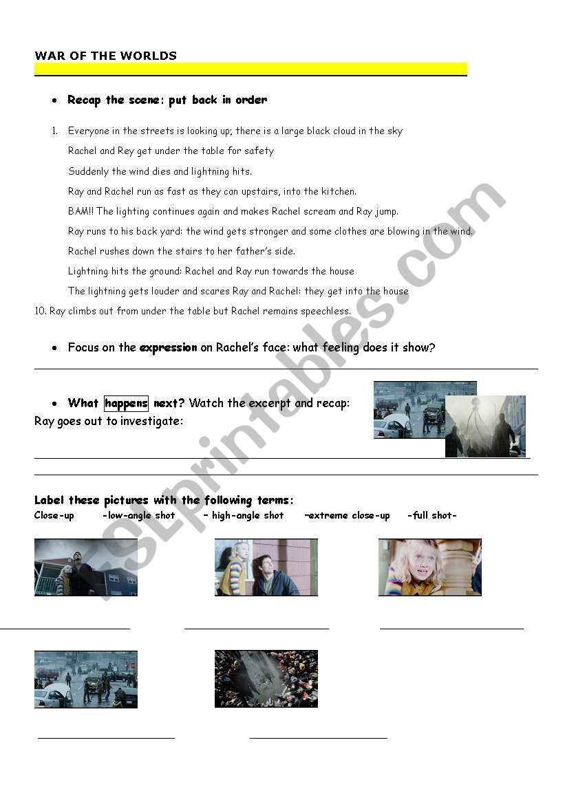 the war of the worlds worksheet